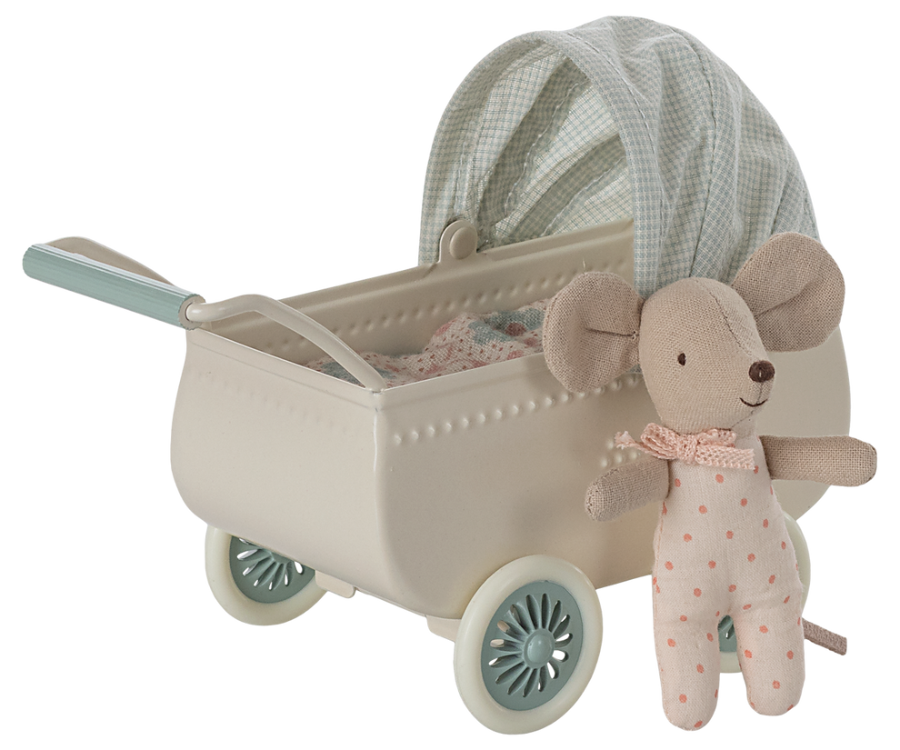 Maileg Pram With Baby Mouse - Mint