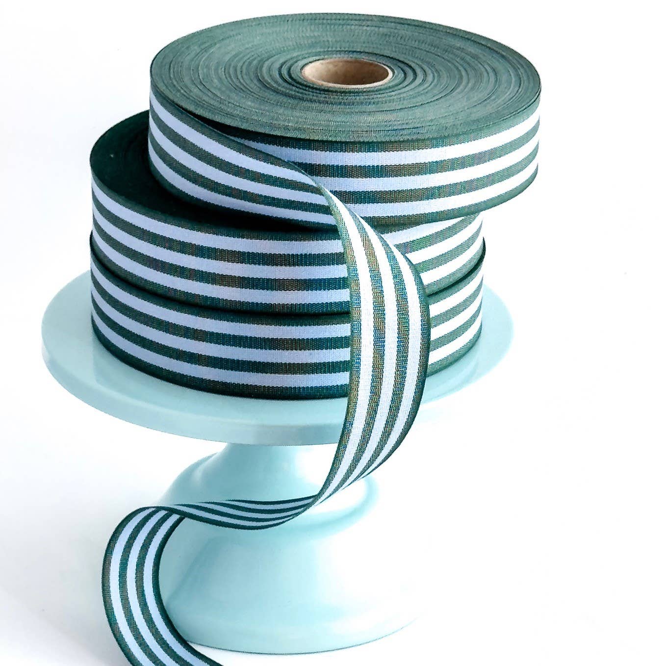 Striped Cotton Ribbon Multistripes Forest Green /Sky Blue 35mm - Per metre