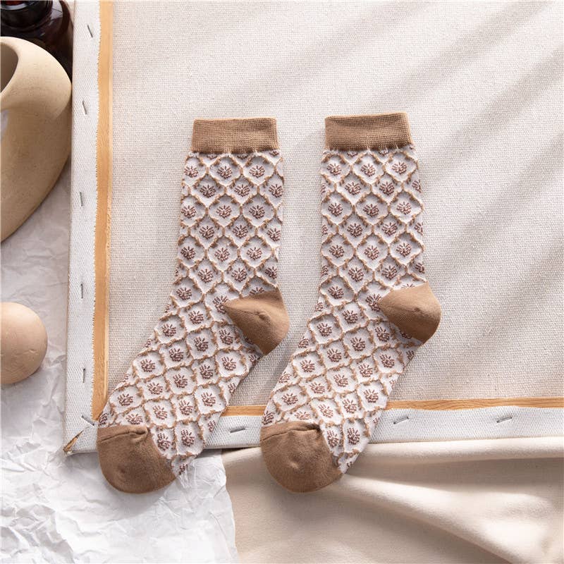 Vintage Brown Floral Socks - Knitted Cotton Dainty Socks: No.1