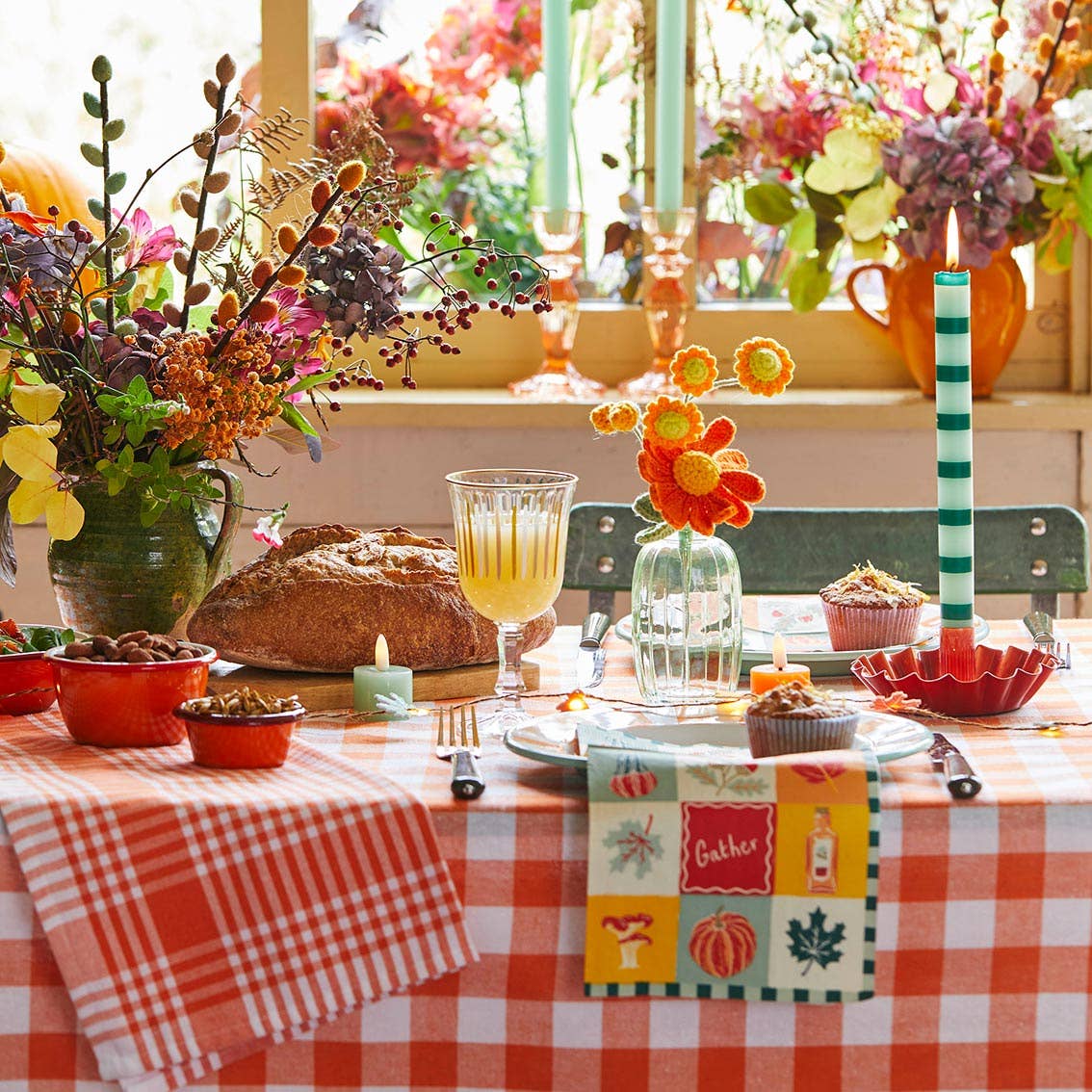 Orange & White Fabric Gingham Napkins/Tea Towels | 2 Pack |