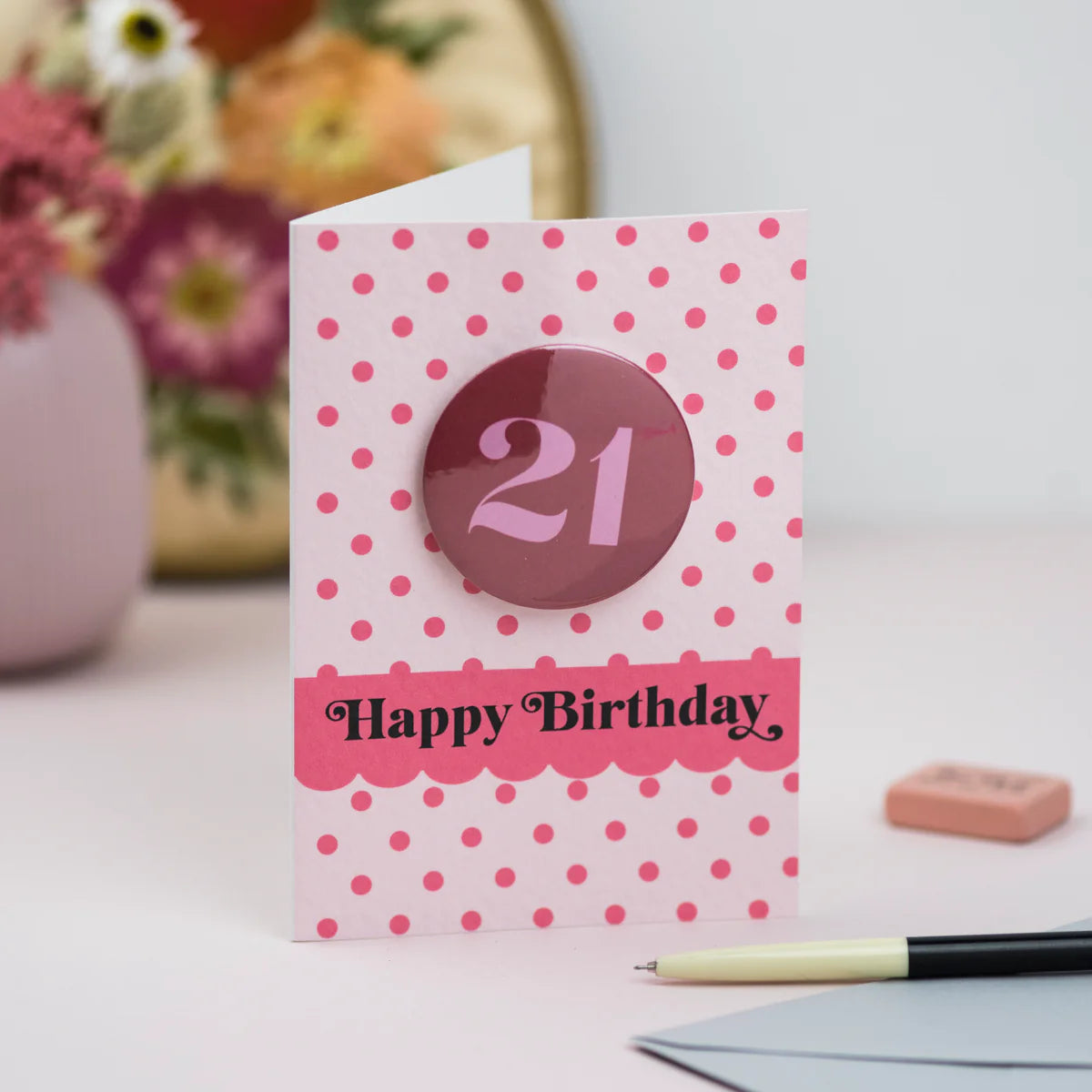 Age 21 Pink Polka Dot - Badge Card
