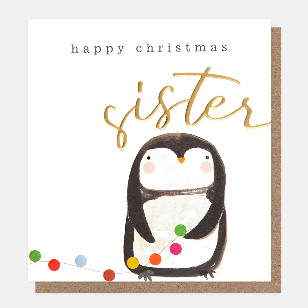 Penguin and Lights Happy Christmas Sister Card