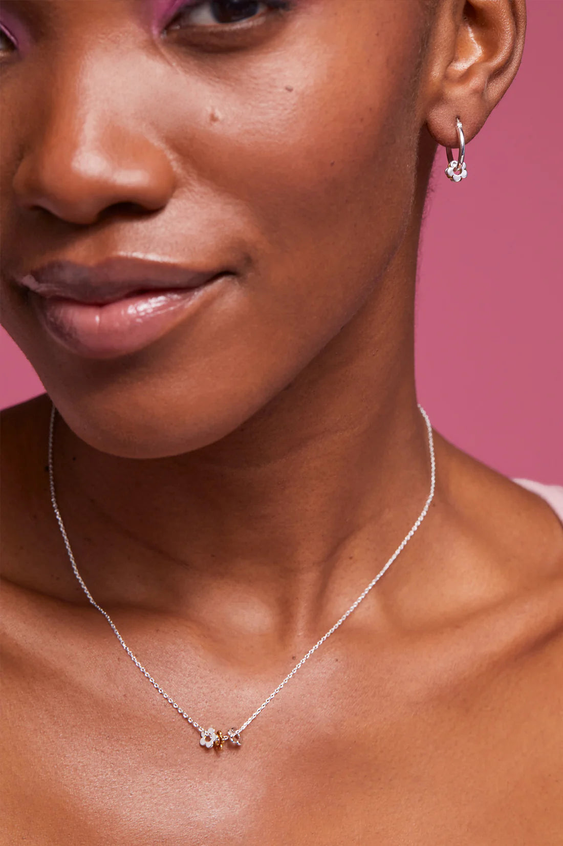 Multi Flower Bead Necklace - Silver Chain