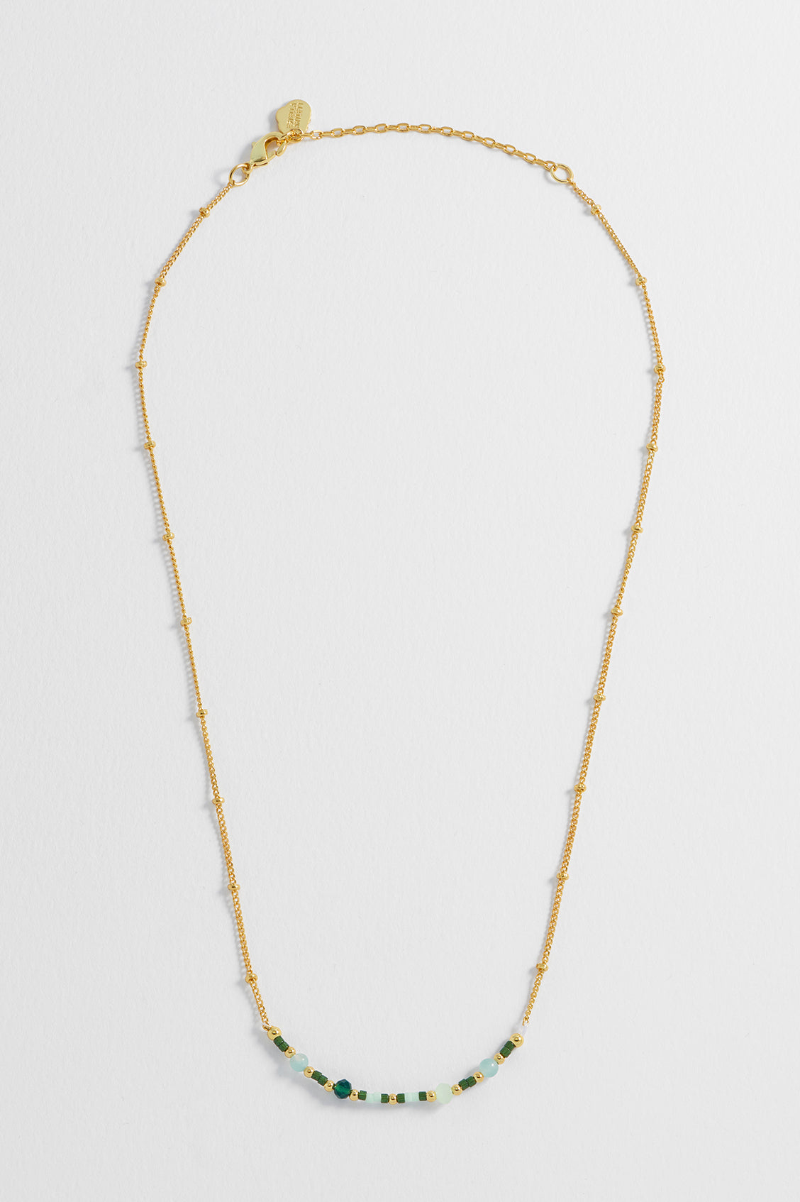 Mini Green Beaded Chain Necklace - Gold Plated