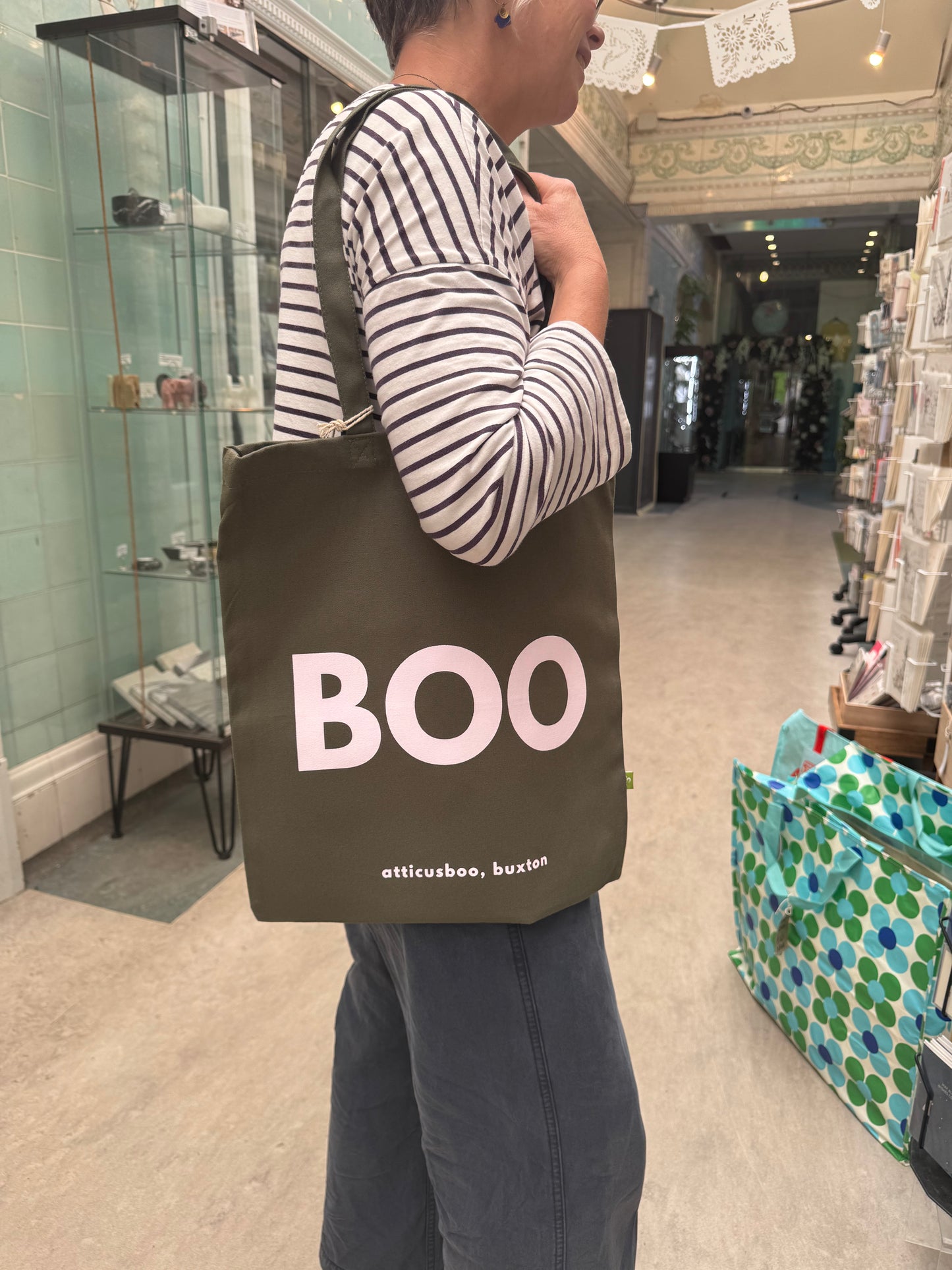 BOO tote bag - Pink on Olive