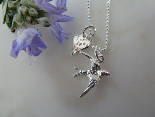 Sterling Silver Swallow & Heart Pendant With 16" Chain