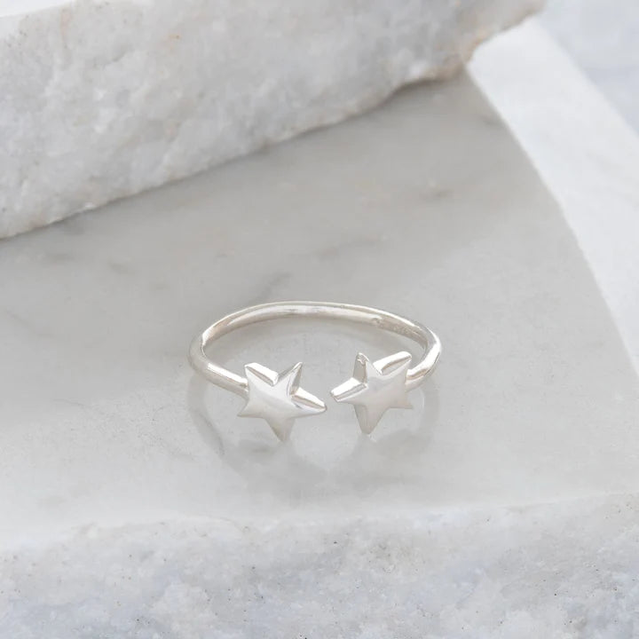Adjustable Double Star Ring - Silver