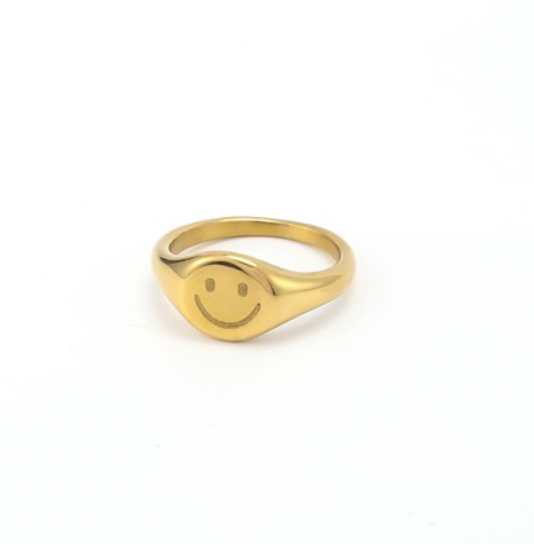 Dixie - Smiley Face Signet Ring Stainless Steel Gold
