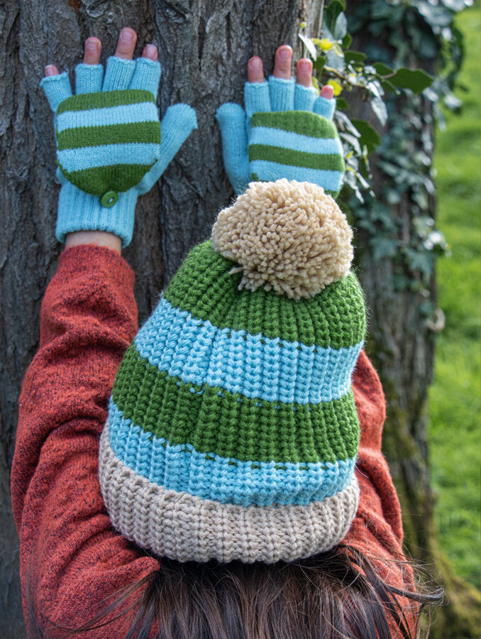 Cosy Striped Knitted Hat Green - 7-10 Years