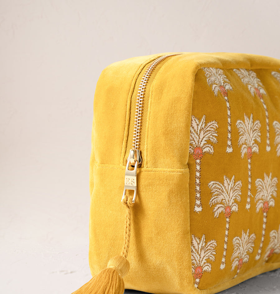 Sunrise Palms Velvet Wash Bag - Mustard Yellow