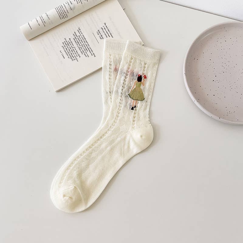 Women's Thin White Cotton Socks with Girl Design: No.4