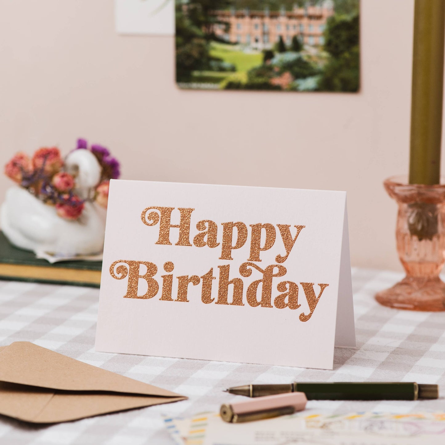 Happy Birthday Peach and Copper Glitter Birthday Card: Naked