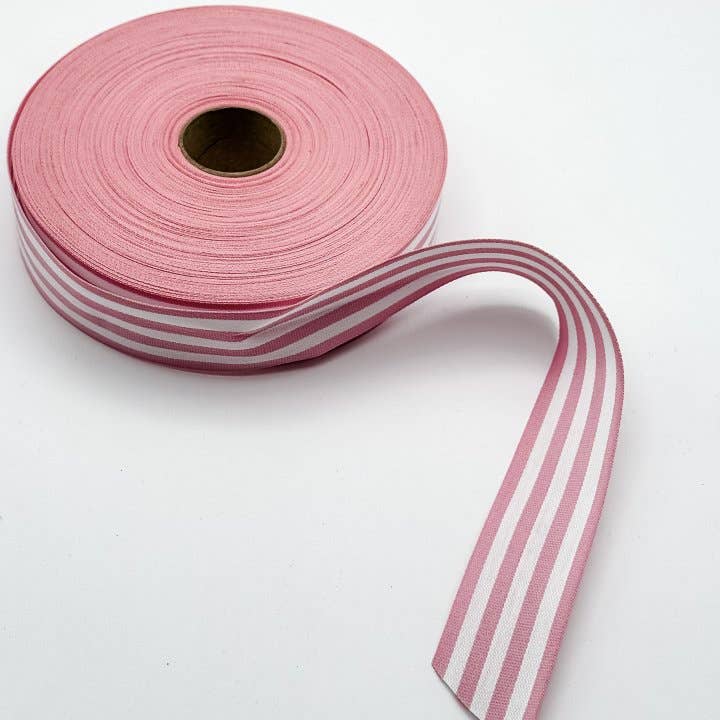Striped Cotton Ribbon Multistripes Candy Pink/White 35mm - per metre