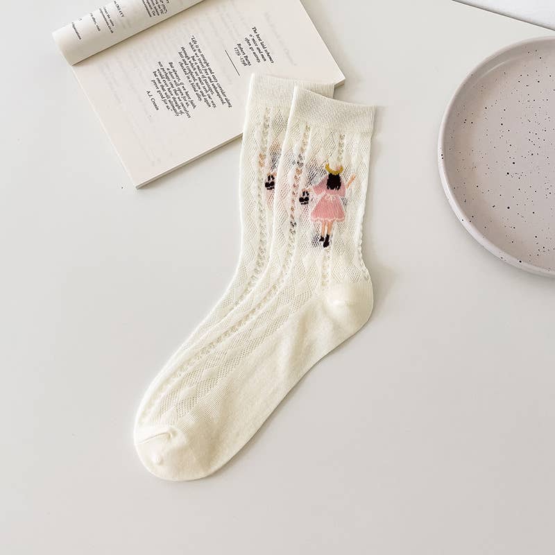 Women's Thin White Cotton Socks with Girl Design: No.1
