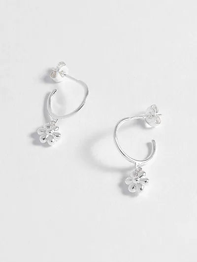 Flower Padlock Hoop Earrings - Silver Plated