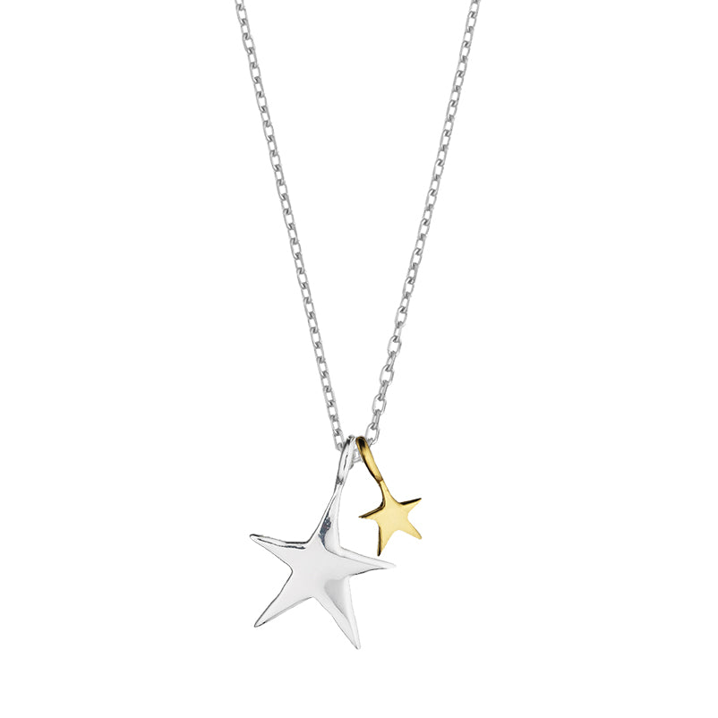 Two Tone Double Star Necklace - Silver Plated