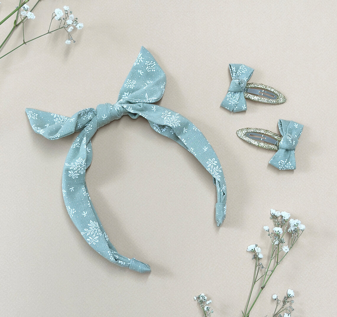 Floral Sprig Tie Headband - Sage Green
