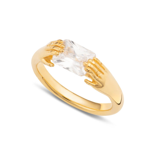 FEDE RING WITH CLEAR STONE- GOLD PLATED-LARGE-P