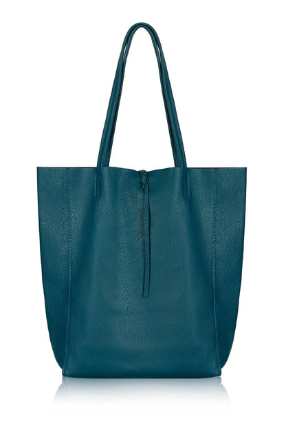 Italian Genuine Leather Large Shopper Tote Shoulder Handbag: Silver