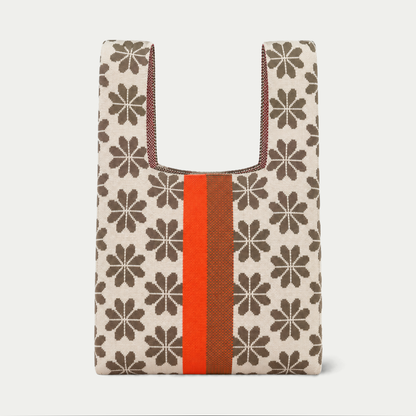 Floral Knitted Reusable Market Bag-Tote Bag-Giftable: Beige / Medium