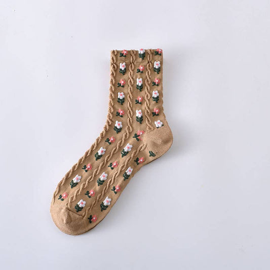 Small Knitted Cotton Floral Socks - Brown and Pink