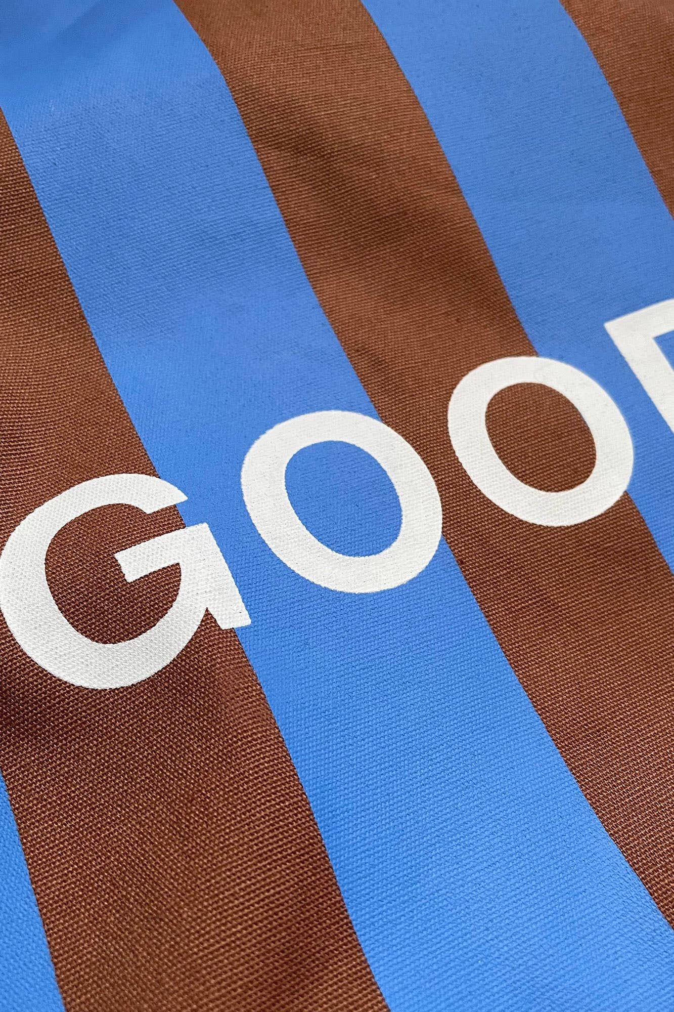 Hello Goodbye Tote Bag Blue Brown Stripe