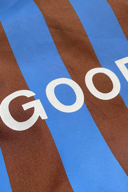 Hello Goodbye Tote Bag Blue Brown Stripe