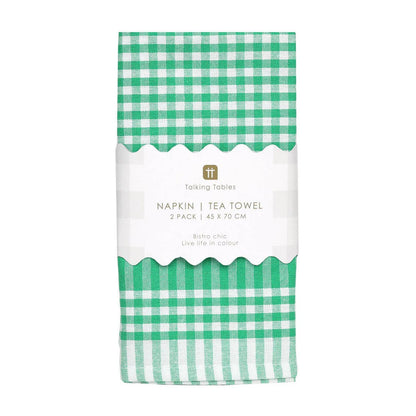 Green & White Fabric Gingham Napkins/Tea Towels | 2 Pack |