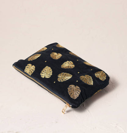 Gold Jungle Leaf Everyday Pouch - Charcoal Velvet