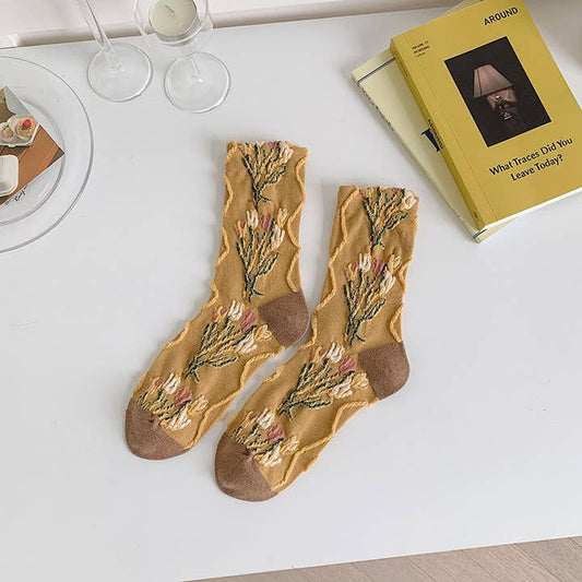 Vintage-Style Floral Yellow Socks  - Design 2