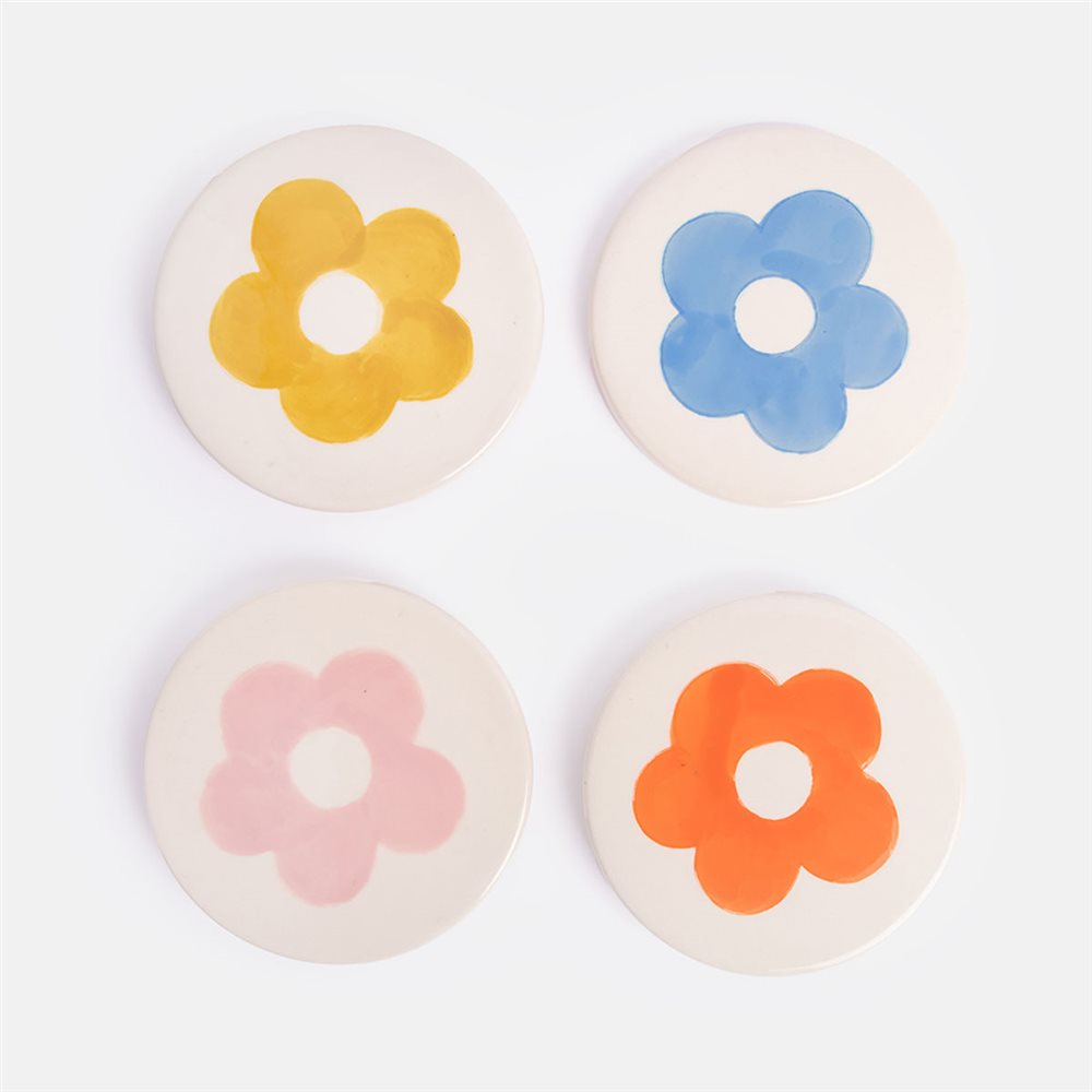 Set of 4 Round Floral Ceramic Coasters