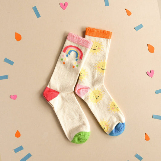 Vintage Rainbow and Sun 2 Pack Socks - Age 3 - 5