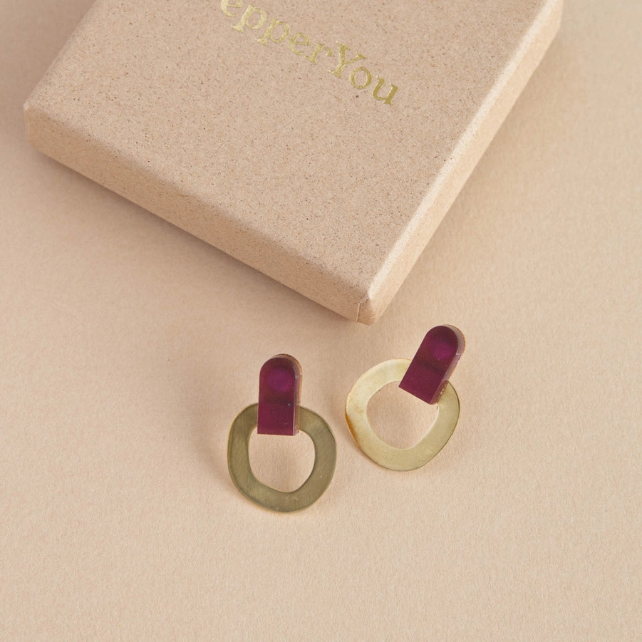 Around Brass Stud Earrings in Aubergine