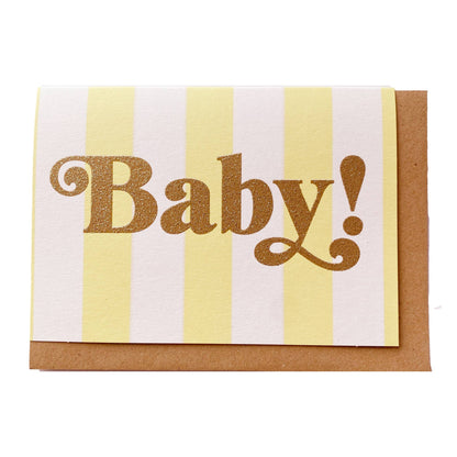 Baby! Yellow Stripe and Gold Glitter New Baby Card: Naked