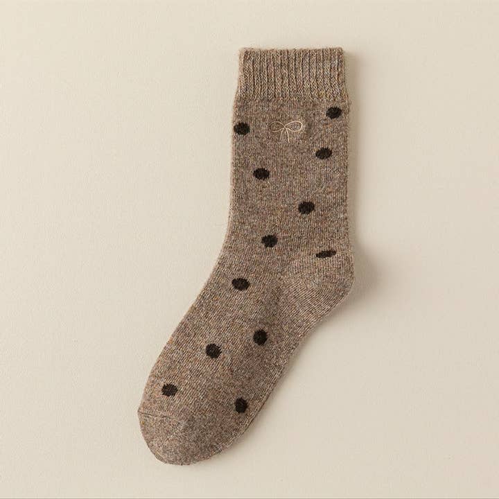 Womens Polka Dot Winter Wool Crew Socks - Brown