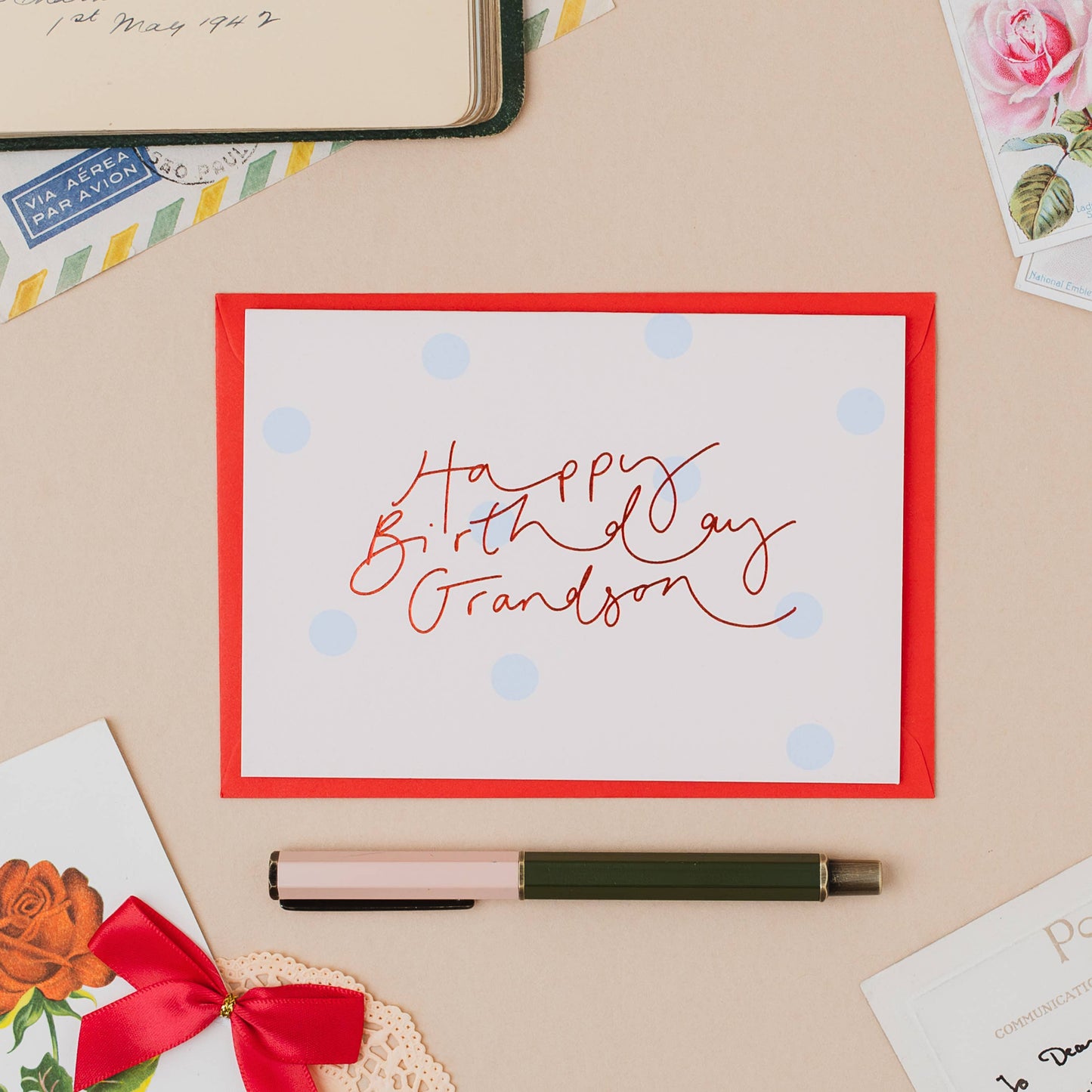 Happy Birthday Grandson Blue Cream Spot Red Foil Card: Naked