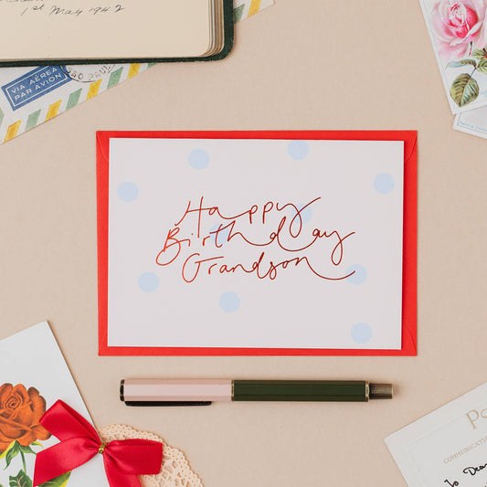 Happy Birthday Grandson Blue Cream Spot Red Foil Card: Naked