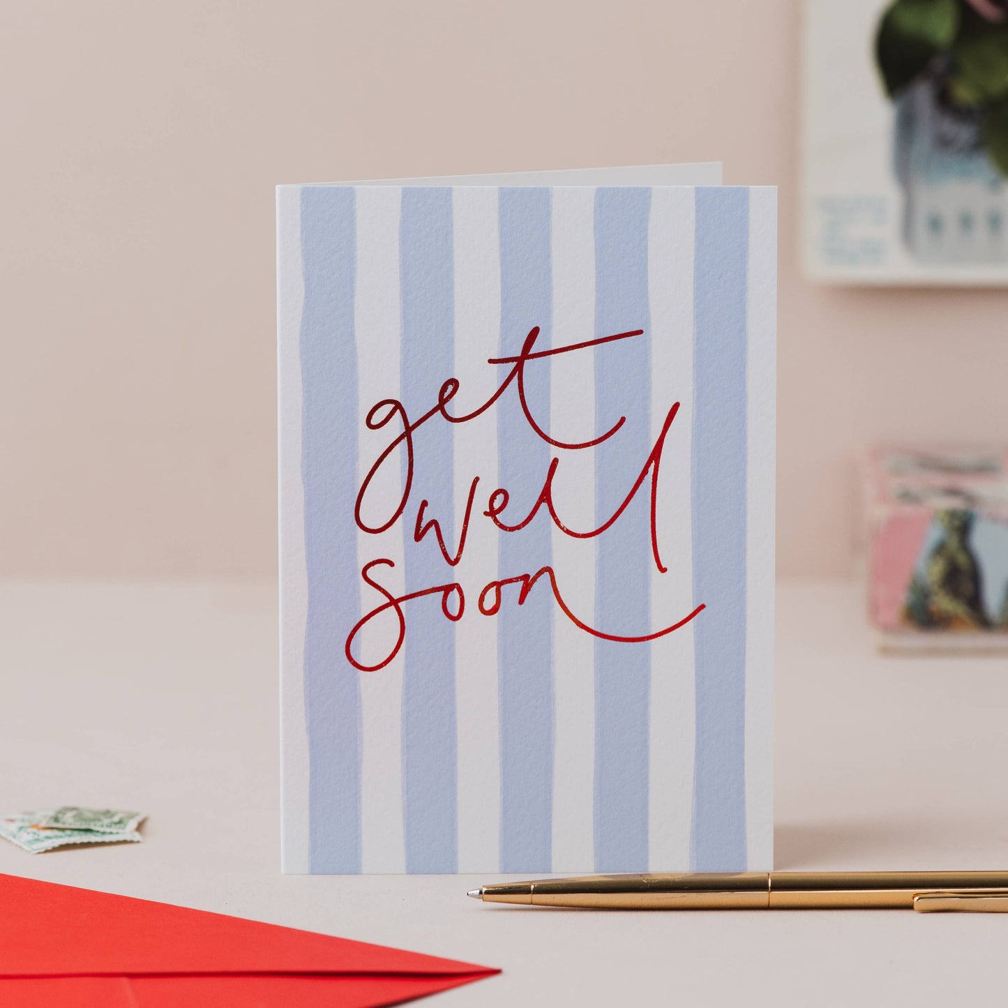 Get Well Soon Blue Stripe Card: Cellophane