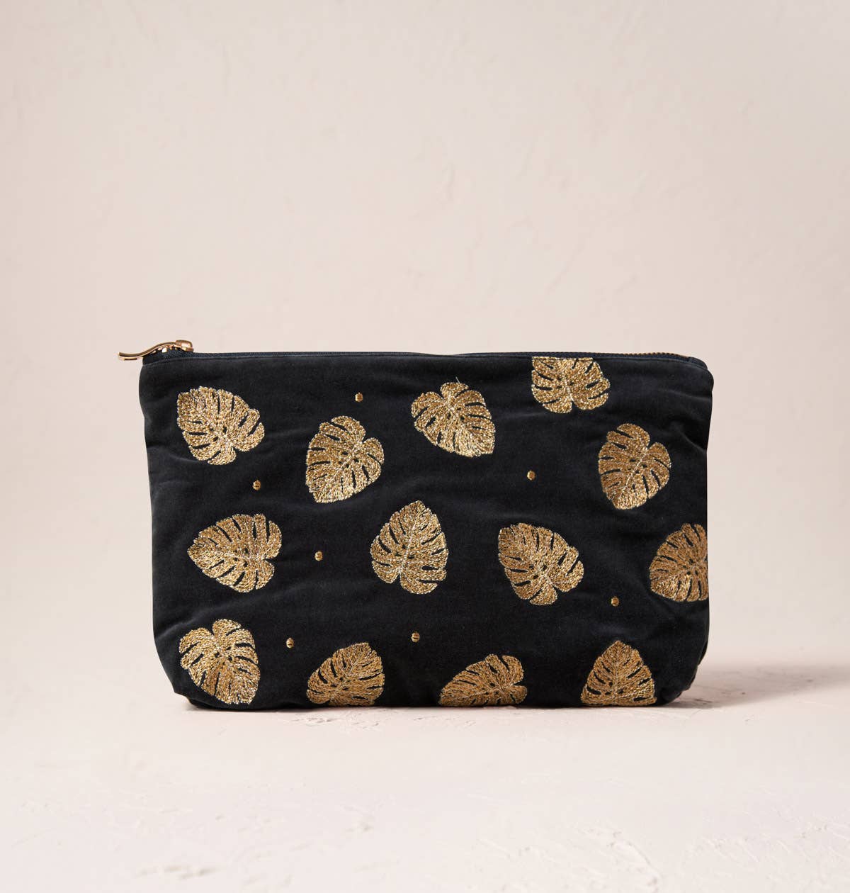 Gold Jungle Leaf Everyday Pouch - Charcoal Velvet