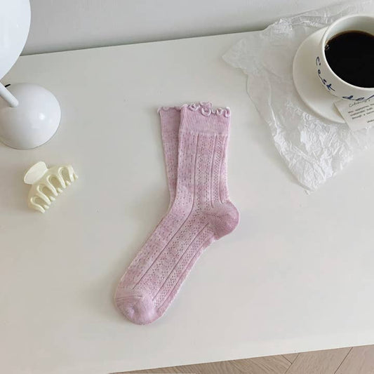 Womens Trendy Thin Ruffle Cotton Socks - Pink