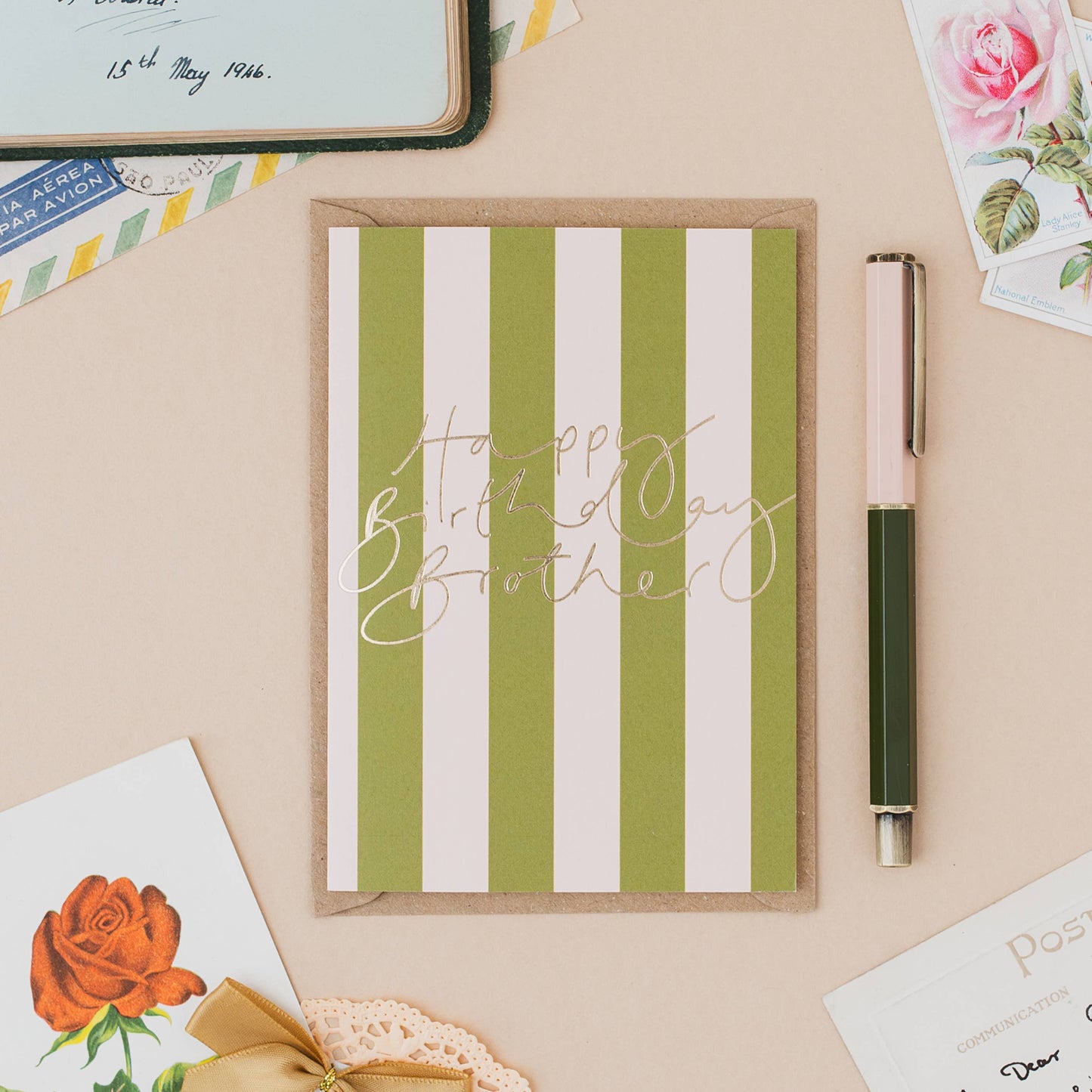 Happy Birthday Brother Green Stripe Foil Birthday Card: Naked