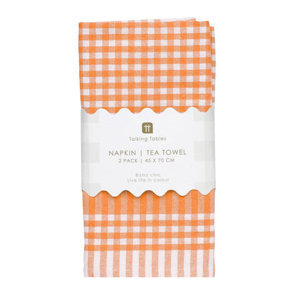 Orange & White Fabric Gingham Napkins/Tea Towels | 2 Pack |