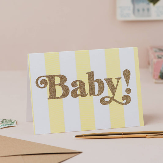 Baby! Yellow Stripe and Gold Glitter New Baby Card: Naked
