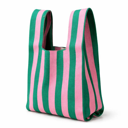 Candy Stripe Knitted Reusable Market Bag-Tote Bag-Giftable: Red and pink