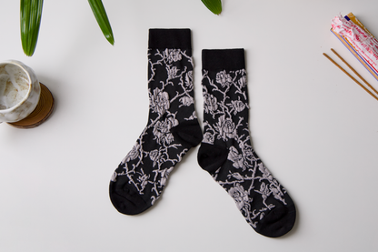 Retro Floral Cotton Crew Socks – Breathable Vintage Style: Grey-Green