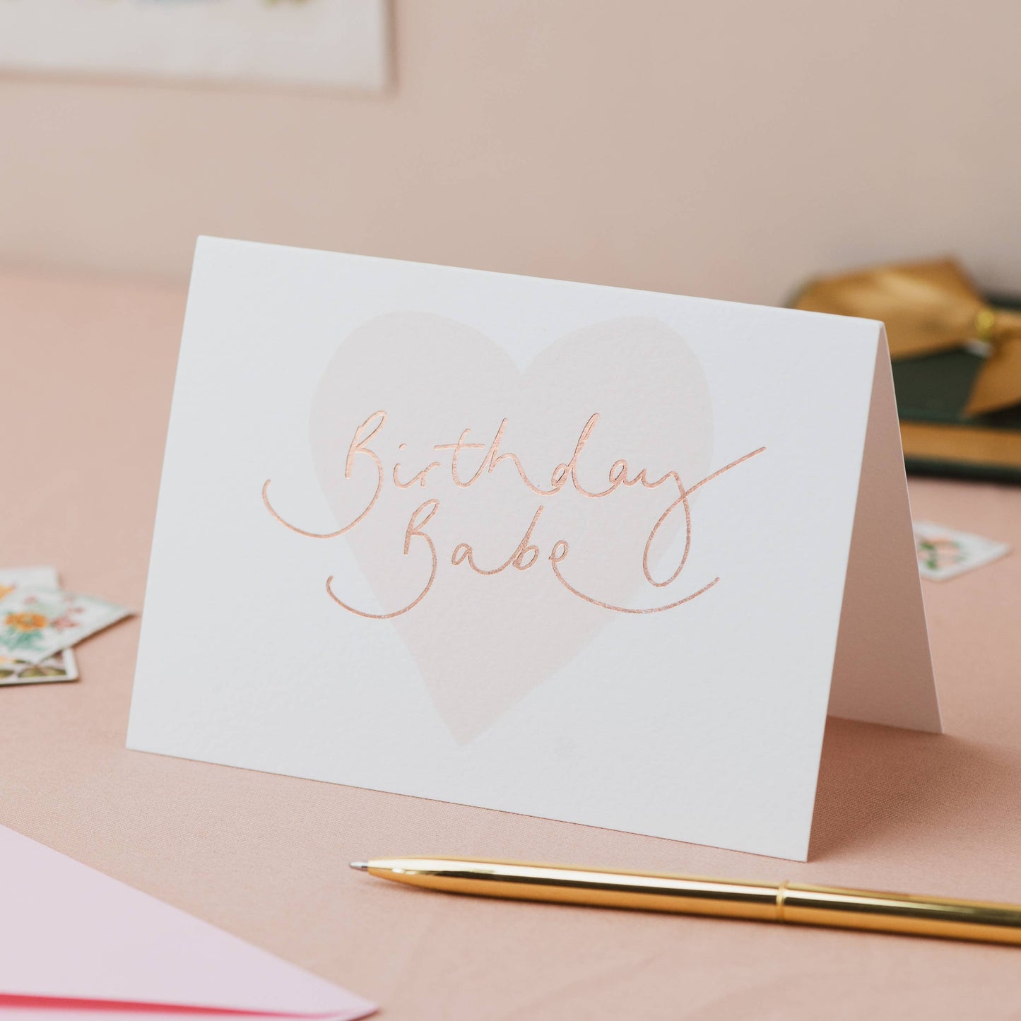 'Birthday Babe' Pink heart Rose Gold Foil Card: Cellophane