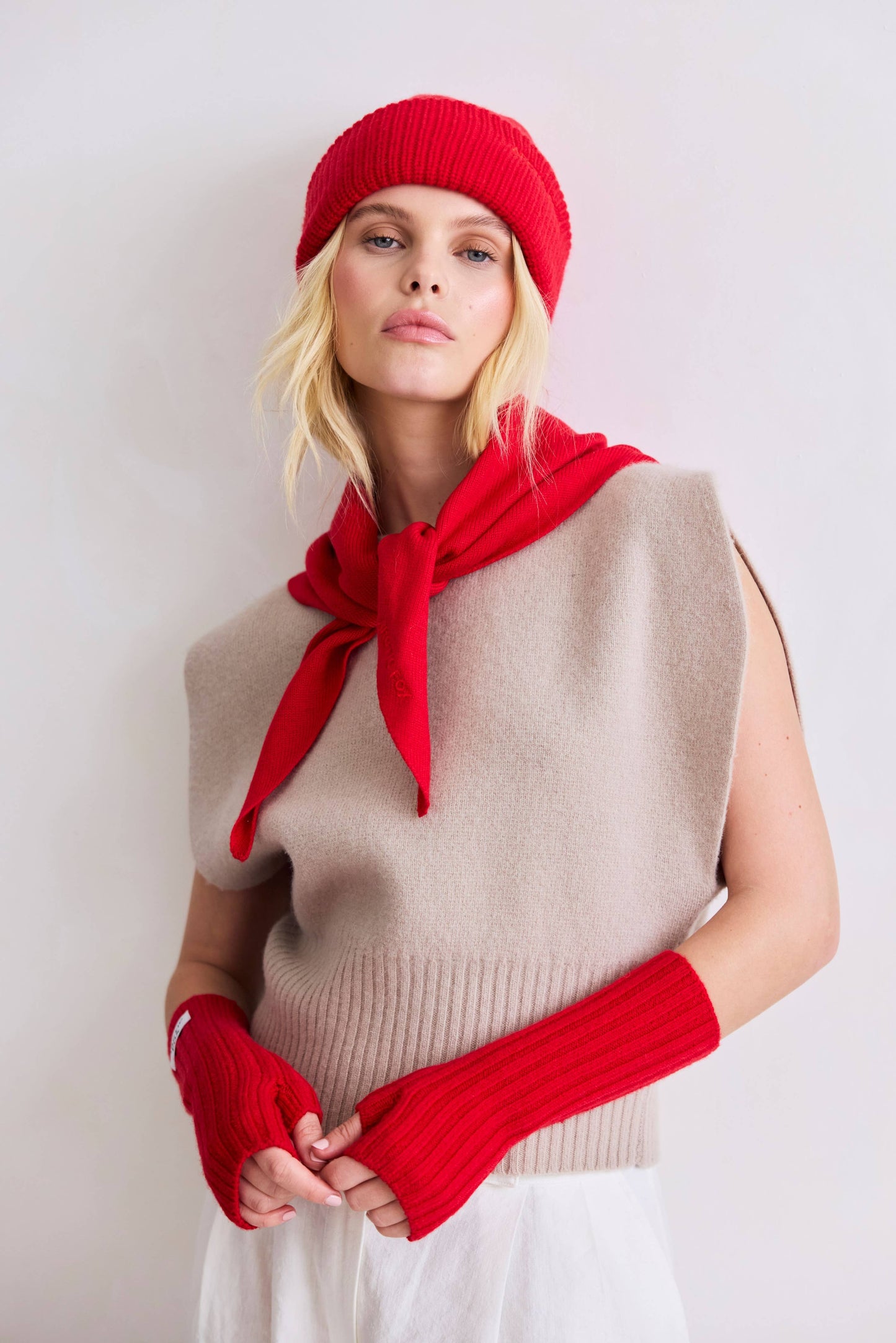 Merino Wool Fingerless Gloves - Flame Red - AW25