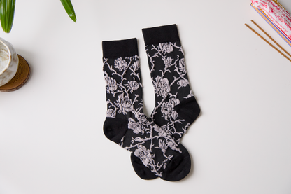 Retro Floral Cotton Crew Socks – Breathable Vintage Style: Khaki