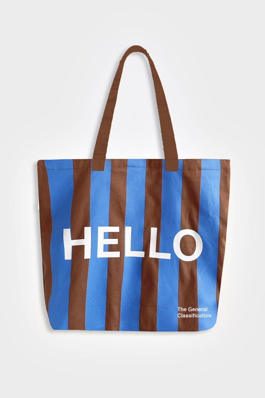Hello Goodbye Tote Bag Blue Brown Stripe