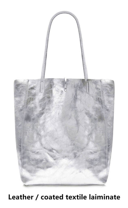 Italian Genuine Leather Large Shopper Tote Shoulder Handbag: Silver